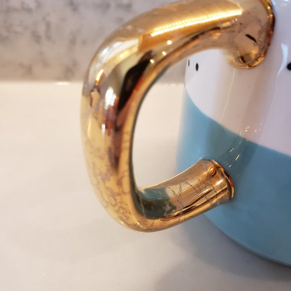 Indigo blue, white and black spotted 22oz coffee tea mug with gold handle - Picture 2 of 5